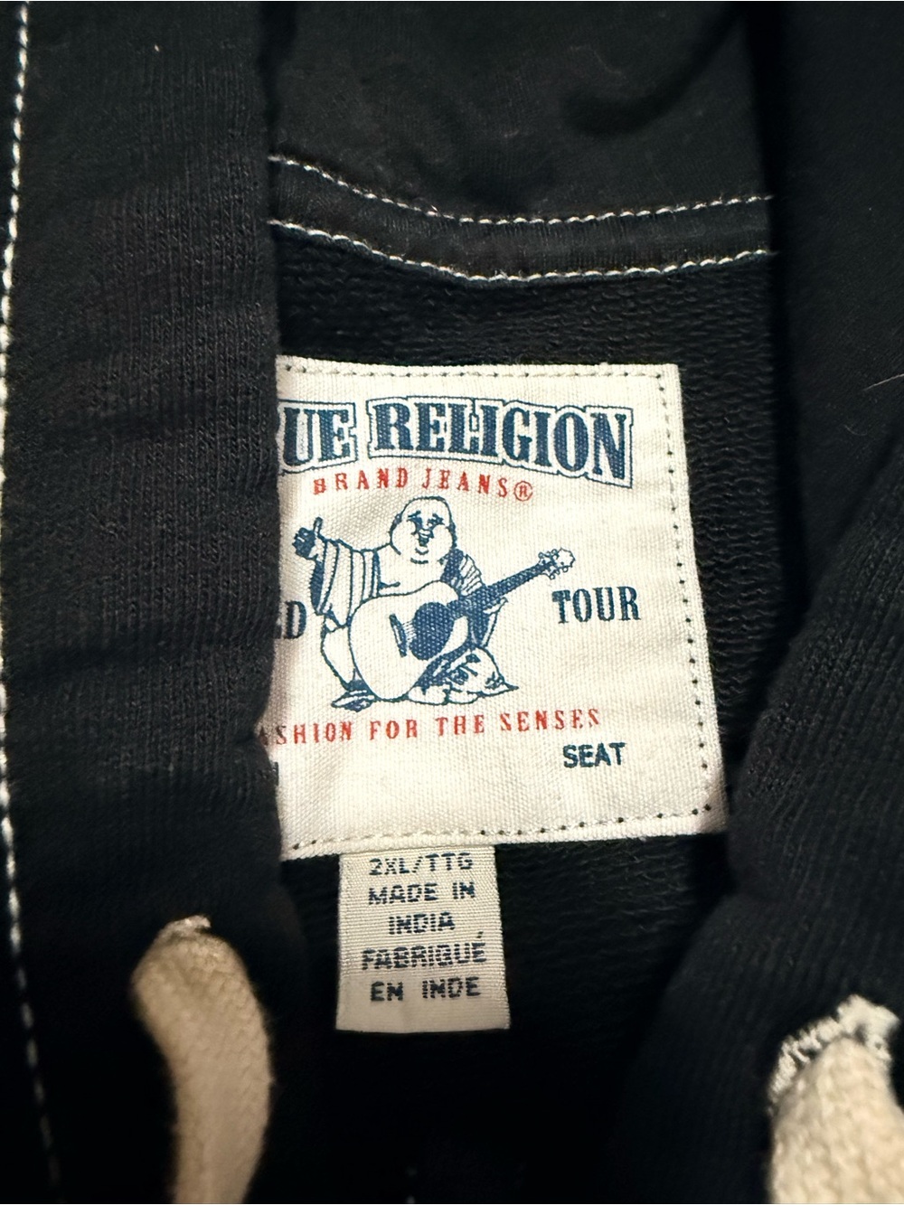 True Religion Black Zip Front Hoodie with Cream Drawstring - Picture 6 of 8